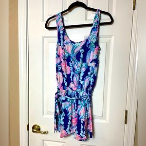 Rina Shorts Romper from Lilly Pulitzer in True Blue Going Coastal fish print, S